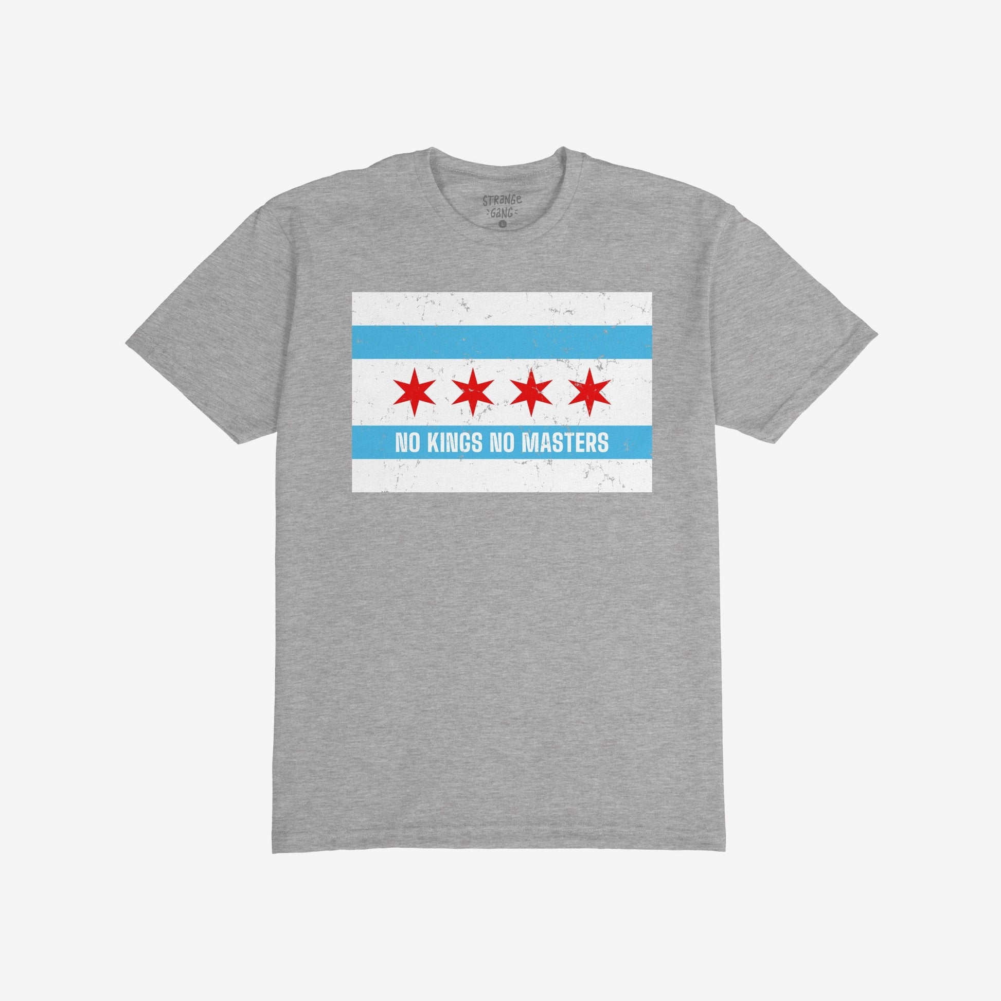 Heather-gray crew-neck T-shirt featuring the Chicago No Kings Flag Shirt design, with sky-blue stripes, red stars, and NO KINGS NO MASTERS slogan, reflecting defiance and support for freedom and equality.