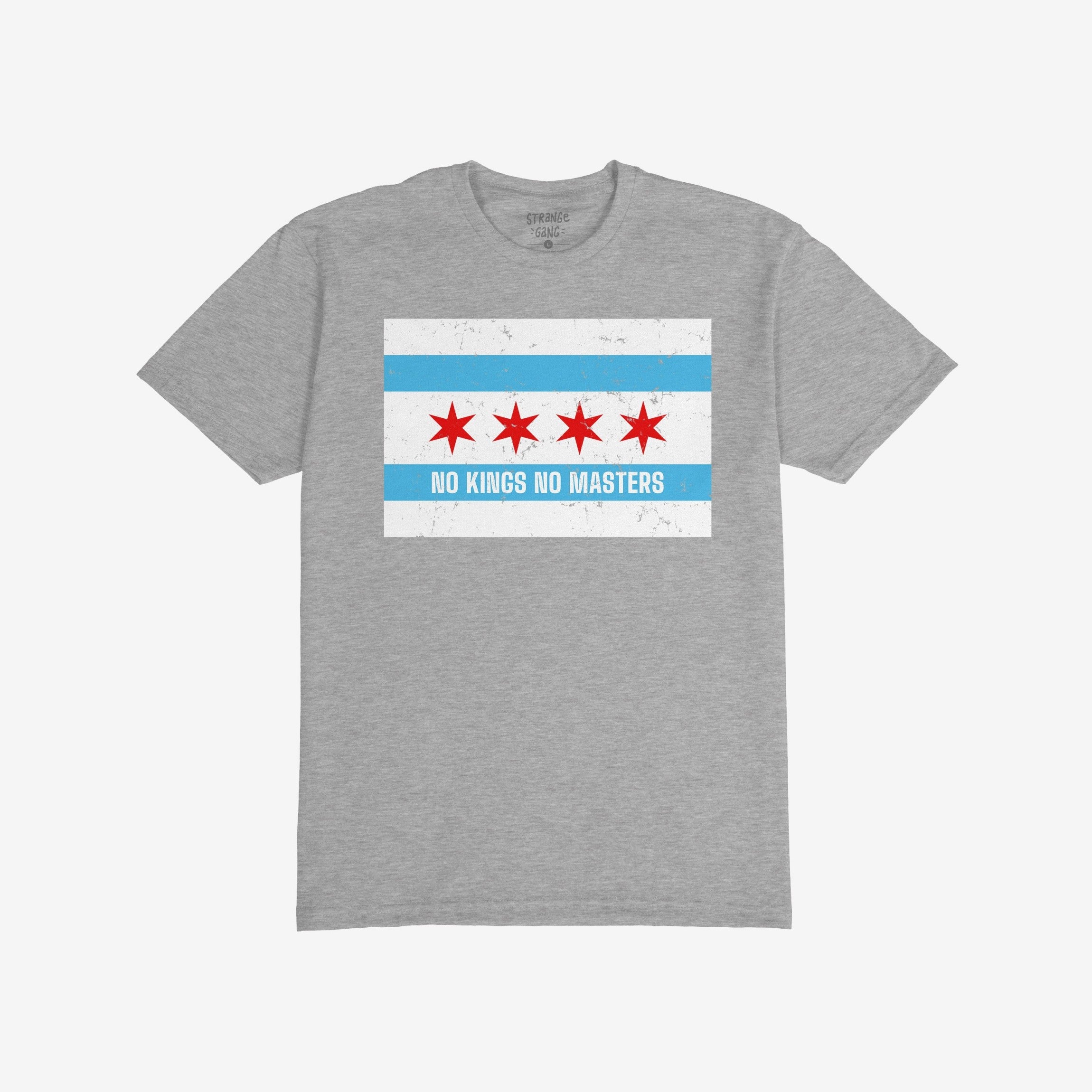 Heather-gray crew-neck T-shirt featuring the Chicago No Kings Flag Shirt design, with sky-blue stripes, red stars, and NO KINGS NO MASTERS slogan, reflecting defiance and support for freedom and equality.