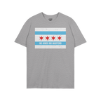 Heather-gray crew-neck T-shirt featuring the Chicago No Kings Flag Shirt design, with sky-blue stripes, red stars, and NO KIN