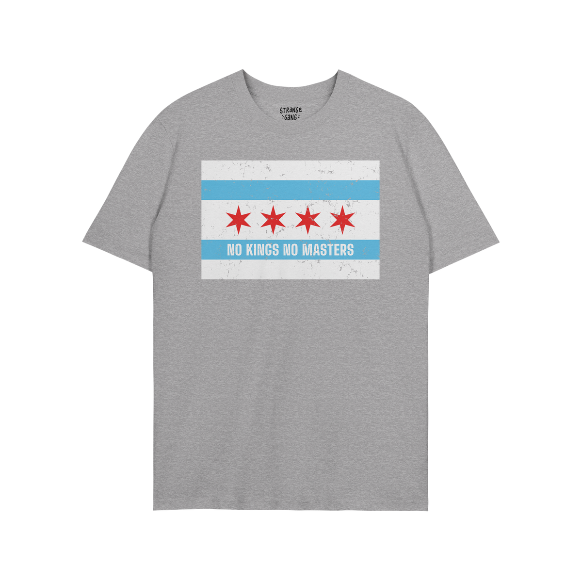 Heather-gray crew-neck T-shirt featuring the Chicago No Kings Flag Shirt design, with sky-blue stripes, red stars, and NO KIN