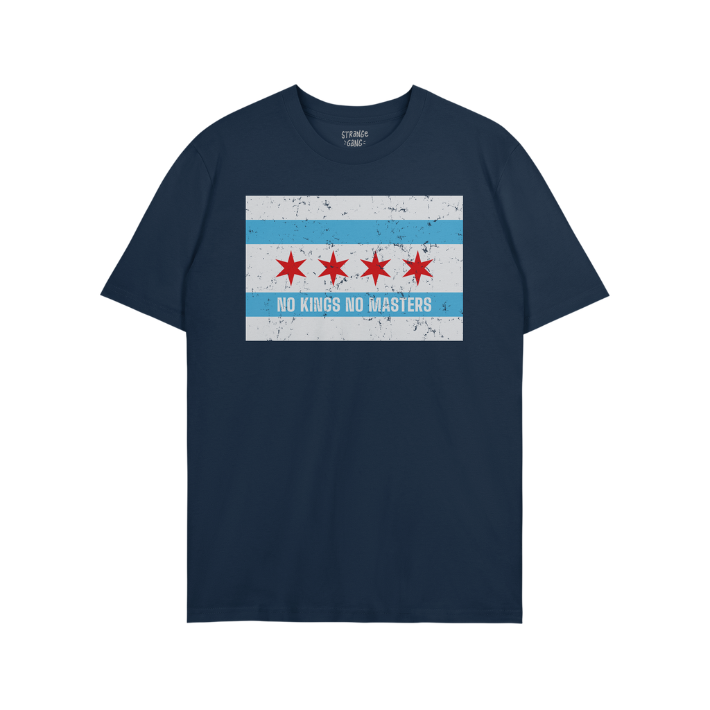 Green crew-neck T-shirt featuring stylized Chicago flag with NO KINGS NO MASTERS underneath, symbolizing defiance and freedom