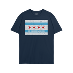 Green crew-neck T-shirt featuring stylized Chicago flag with NO KINGS NO MASTERS underneath, symbolizing defiance and freedom