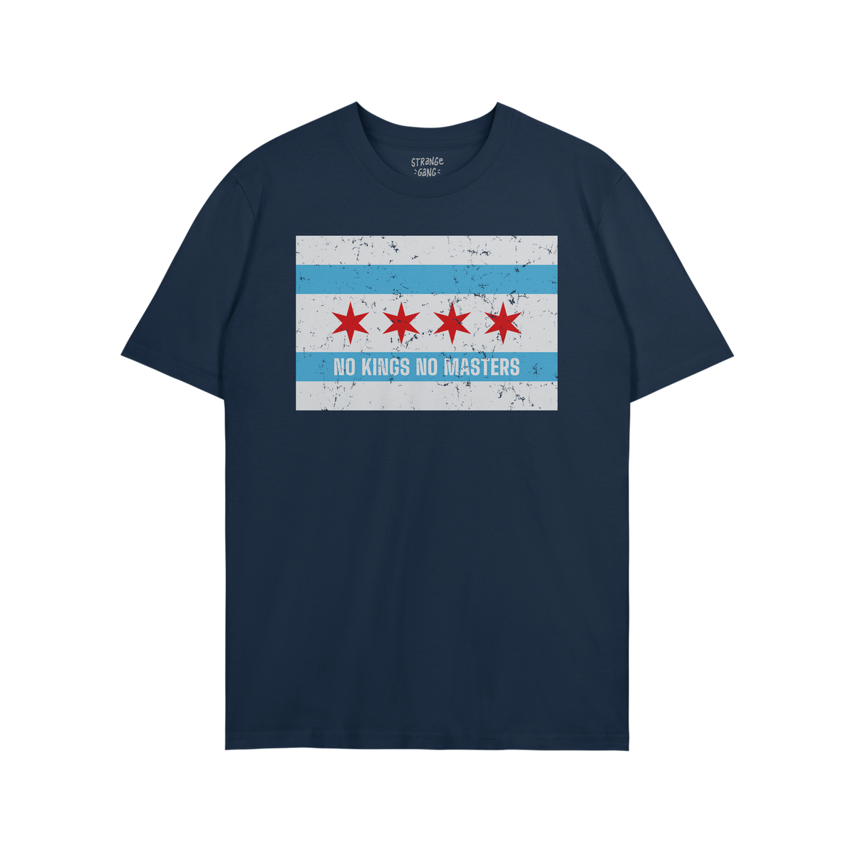 Green crew-neck T-shirt featuring stylized Chicago flag with NO KINGS NO MASTERS underneath, symbolizing defiance and freedom