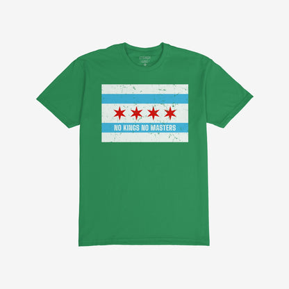 Chicago No Kings Flag T-shirt with a distressed Chicago flag design, featuring bold NO KINGS NO MASTERS text, embodying rebellion and resistance against authoritarianism. Ideal for those challenging systemic control.