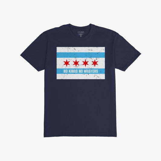 Chicago No Kings Flag T-shirt features a distressed, Chicago-flag-inspired graphic with the slogan “NO KINGS NO MASTERS,” symbolizing rebellion and resistance against authority. Perfect for those who defy control.
