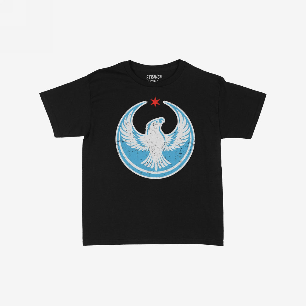 Chicago Rebel Alliance Women's Baby Tee featuring a white peregrine falcon within a blue halo and red star, symbolizing resistance and pride, perfect for activists supporting immigrant rights and equality.