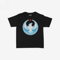 Chicago Rebel Alliance Women's Baby Tee featuring a white peregrine falcon within a blue halo and red star, symbolizing resistance and pride, perfect for activists supporting immigrant rights and equality.