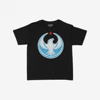 Chicago Rebel Alliance Women's Baby Tee featuring a white peregrine falcon within a blue halo and red star, symbolizing resistance and pride, perfect for activists supporting immigrant rights and equality.