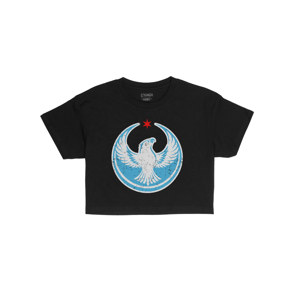 Chicago Rebel Alliance Women's Baby Tee featuring a white peregrine falcon within a blue halo and red star, symbolizing resis