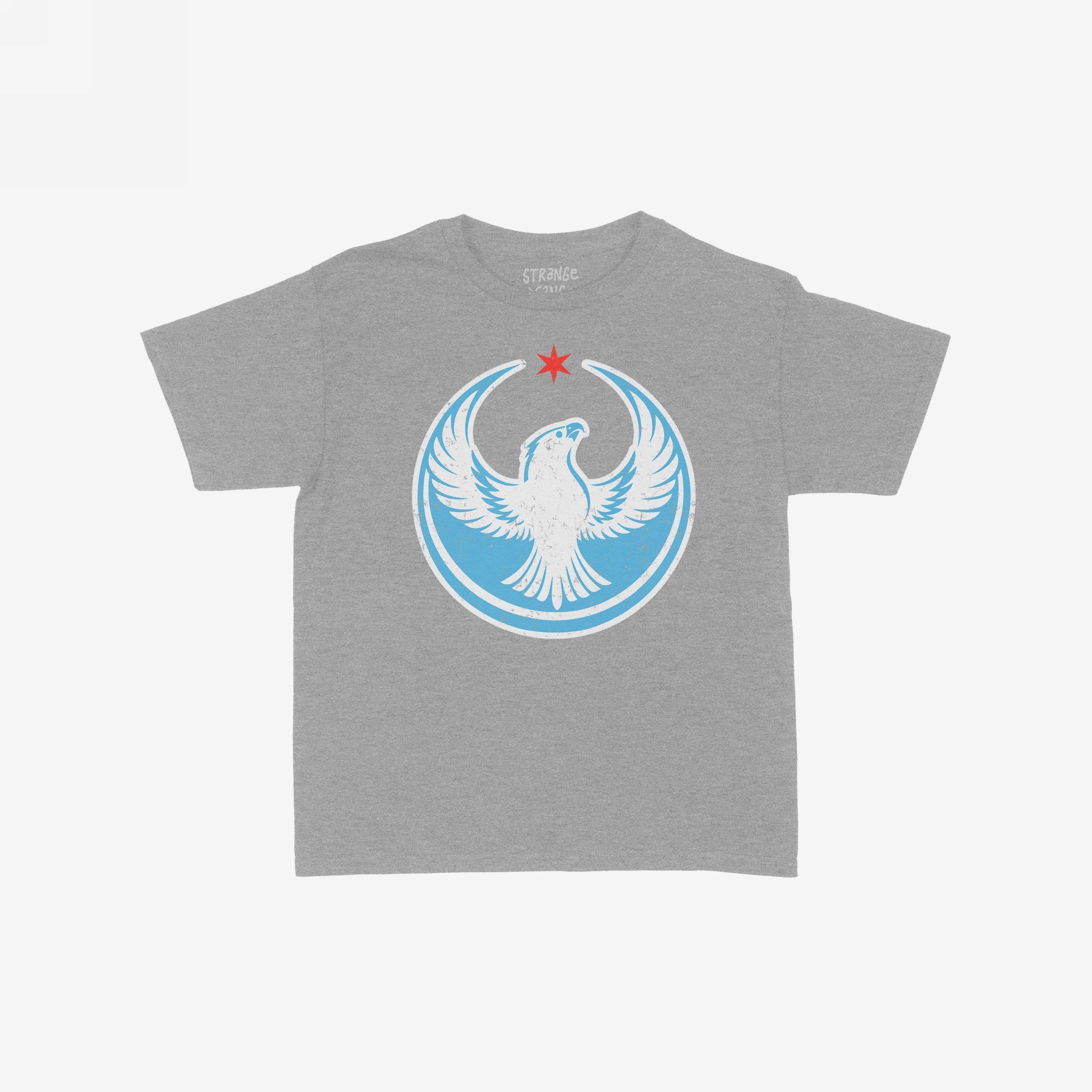 Chicago Rebel Alliance Women's Baby Tee in heather-gray, featuring a white peregrine falcon inside a light-blue circle with a red star, symbolizing Chicago pride and activism.