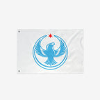 Chicago Rebel Alliance Flag featuring a stylized blue peregrine falcon with outstretched wings, framed by arcs, beneath a red six-pointed star, designed for anti-fascist and immigrant rights advocacy.