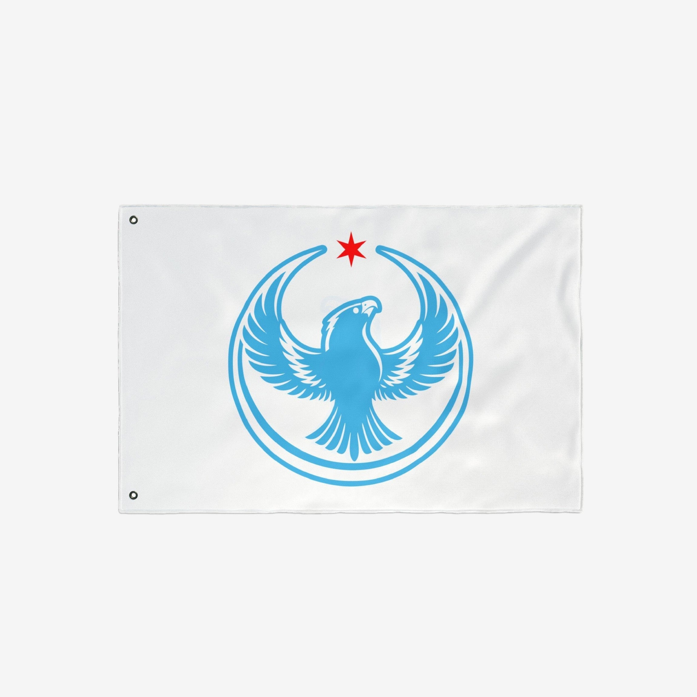 Chicago Rebel Alliance Flag featuring a stylized blue peregrine falcon with outstretched wings, framed by arcs, beneath a red six-pointed star, designed for anti-fascist and immigrant rights advocacy.