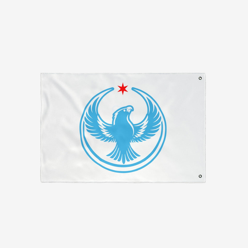 Chicago Rebel Alliance Flag showcasing a stylized light-blue peregrine falcon with outspread wings beneath a red star, symbolizing anti-fascist protest and immigrant rights. Features metal grommets for easy hanging.