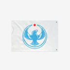 Chicago Rebel Alliance Flag showcasing a stylized light-blue peregrine falcon with outspread wings beneath a red star, symbolizing anti-fascist protest and immigrant rights. Features metal grommets for easy hanging.