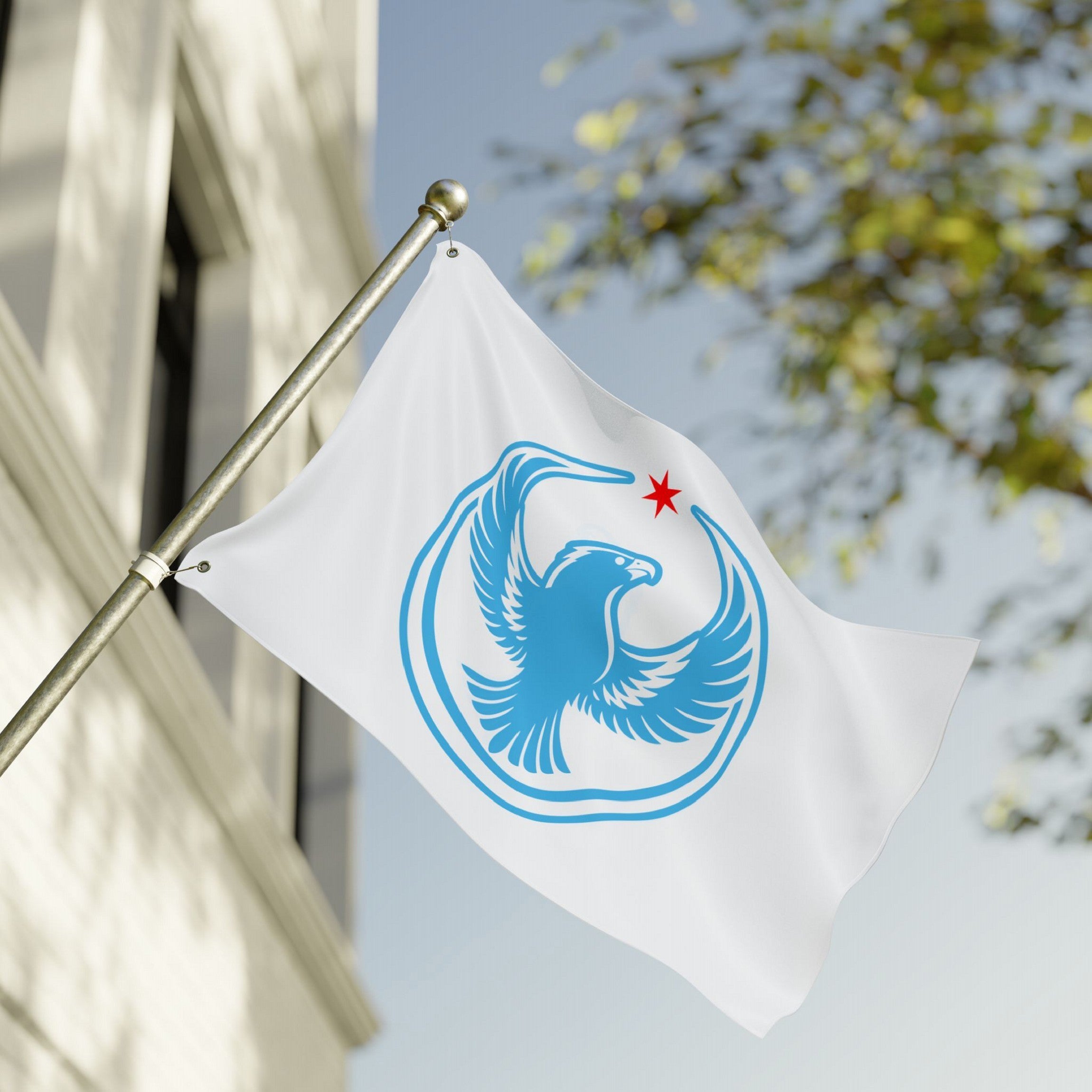 The Chicago Rebel Alliance Flag features a blue peregrine falcon with outstretched wings and a red star, symbolizing anti-fascist and immigrant rights, mounted on a metal pole outside a building.