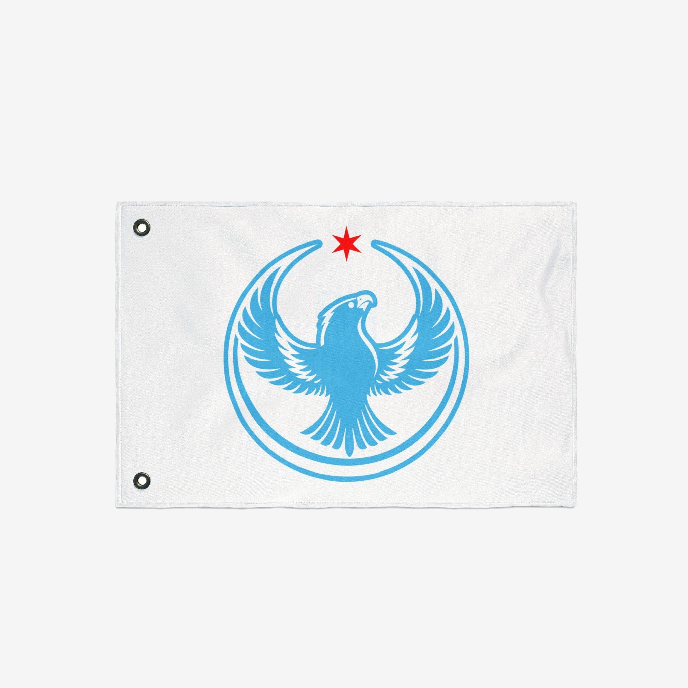 Chicago Rebel Alliance Flag featuring a sky-blue phoenix-like bird within crescents, topped by a red star. Equipped with grommets, this protest flag symbolizes anti-fascism and immigrant rights advocacy.