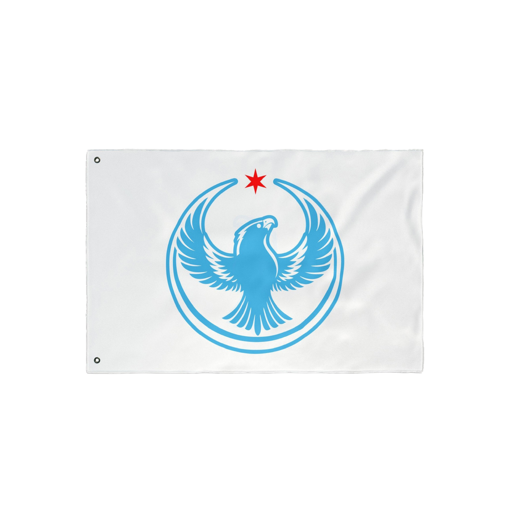 Chicago Rebel Alliance Flag featuring a sky-blue phoenix-like bird within crescents, topped by a red star. Equipped with grom