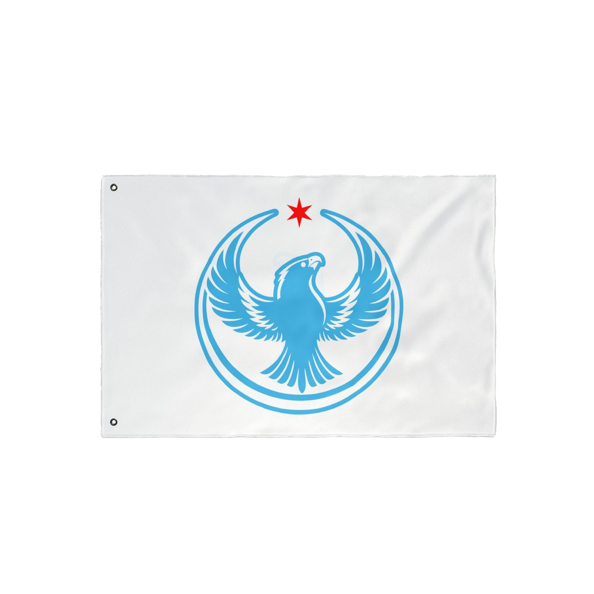 Chicago Rebel Alliance Flag featuring a sky-blue phoenix-like bird within crescents, topped by a red star. Equipped with grom