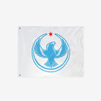 The Chicago Rebel Alliance Flag features a sky-blue peregrine falcon, wings forming a circle, beneath a red star, symbolizing anti-fascist protest and immigrant rights support. Perfect for proud Chicagoans.