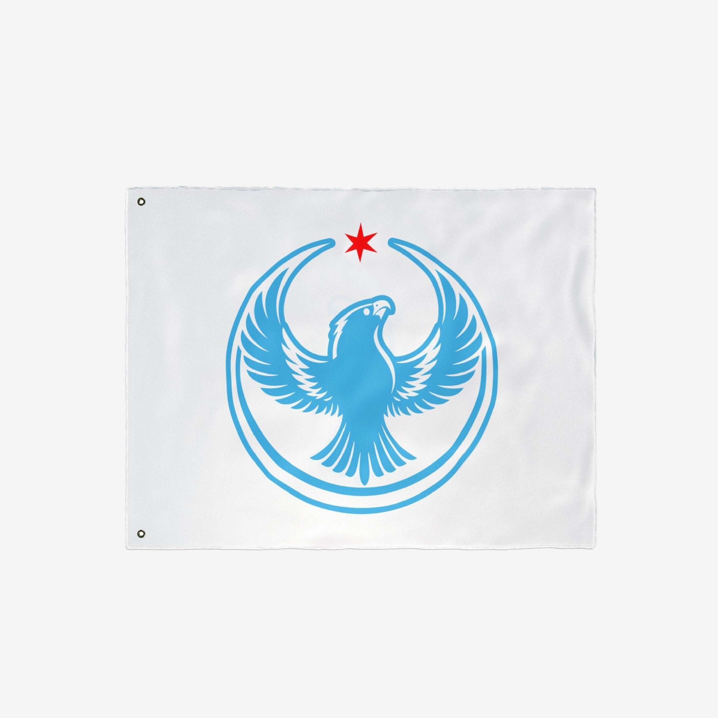 The Chicago Rebel Alliance Flag features a sky-blue peregrine falcon, wings forming a circle, beneath a red star, symbolizing anti-fascist protest and immigrant rights support. Perfect for proud Chicagoans.