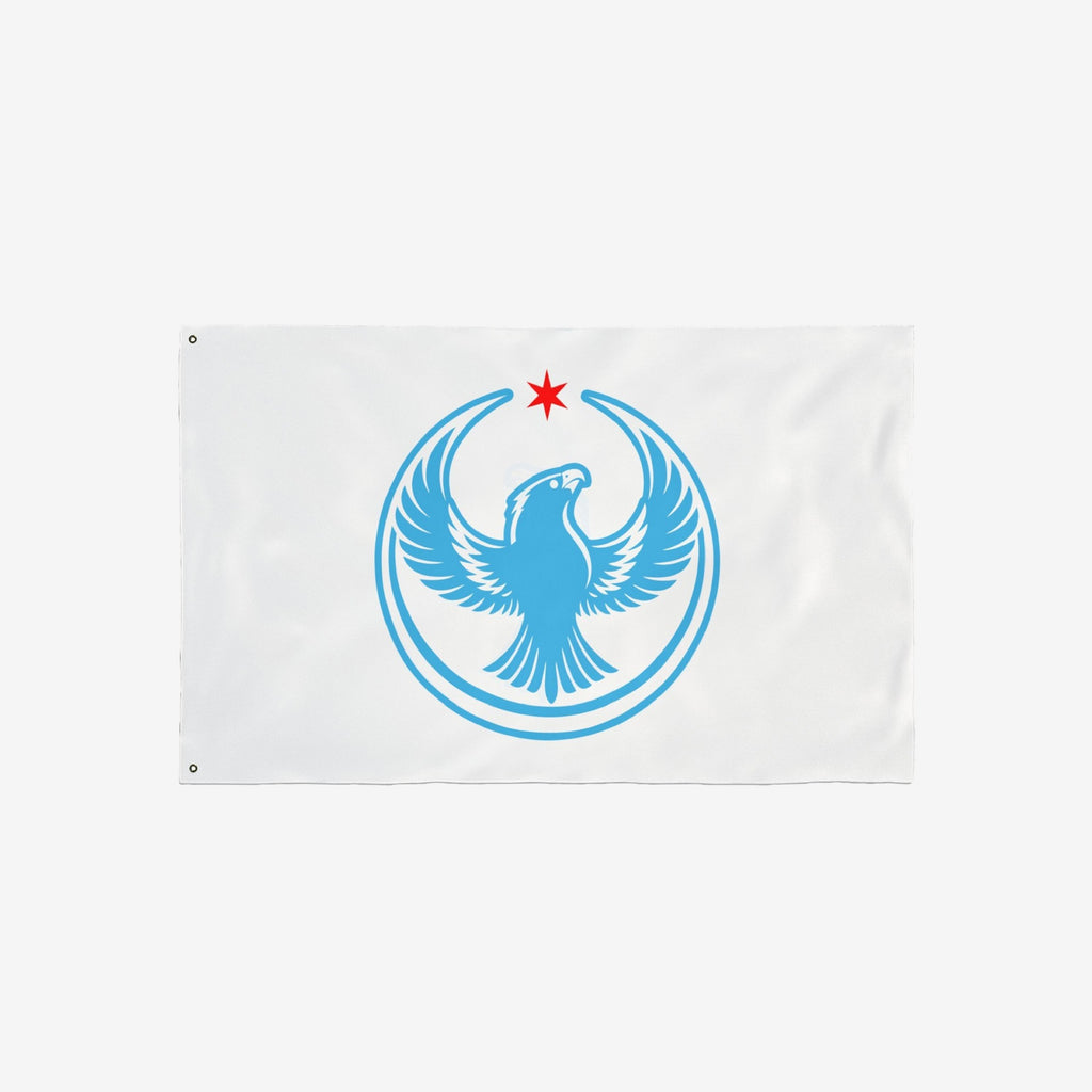 Chicago Rebel Alliance Flag featuring a stylized light-blue peregrine falcon with outstretched wings, enclosed by blue arcs, and a red six-pointed star above, symbolizing anti-fascist and immigrant rights.