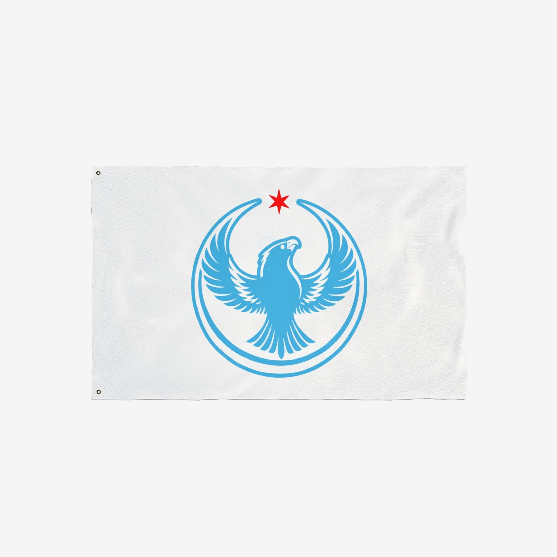 Chicago Rebel Alliance Flag featuring a stylized light-blue peregrine falcon with outstretched wings, enclosed by blue arcs, and a red six-pointed star above, symbolizing anti-fascist and immigrant rights.