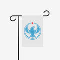 Chicago Rebel Alliance Garden Flag features a stylized blue bird, symbolizing Chicago’s peregrine falcon, under a red star. Displayed on a black metal stand, it represents anti-fascist and immigrant rights support.