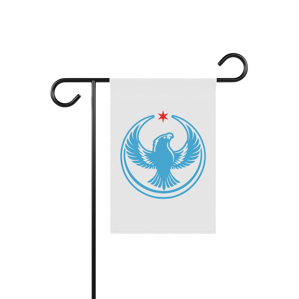 Chicago Rebel Alliance Garden Flag features a stylized blue bird, symbolizing Chicago’s peregrine falcon, under a red star.