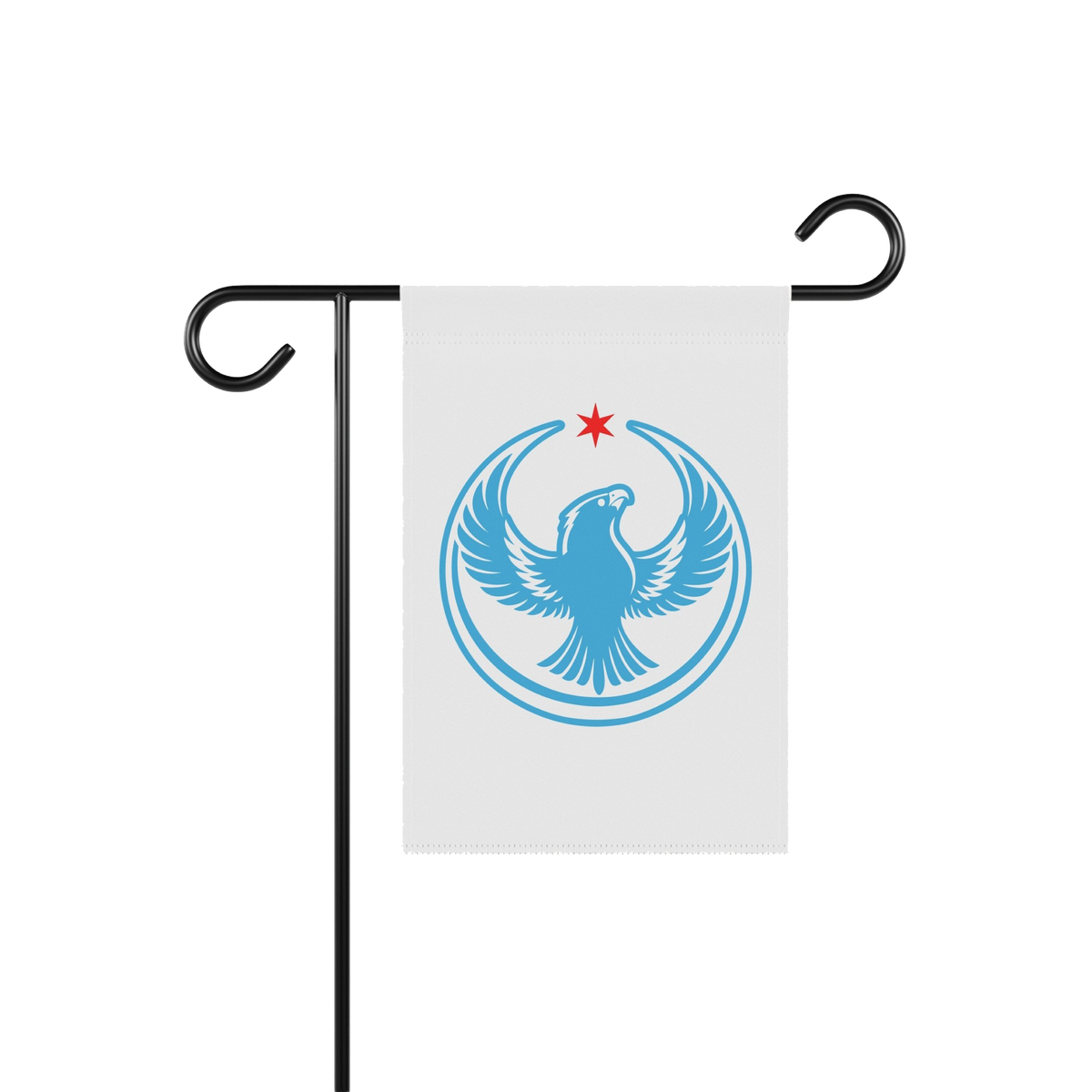 Chicago Rebel Alliance Garden Flag features a stylized blue bird, symbolizing Chicago’s peregrine falcon, under a red star.