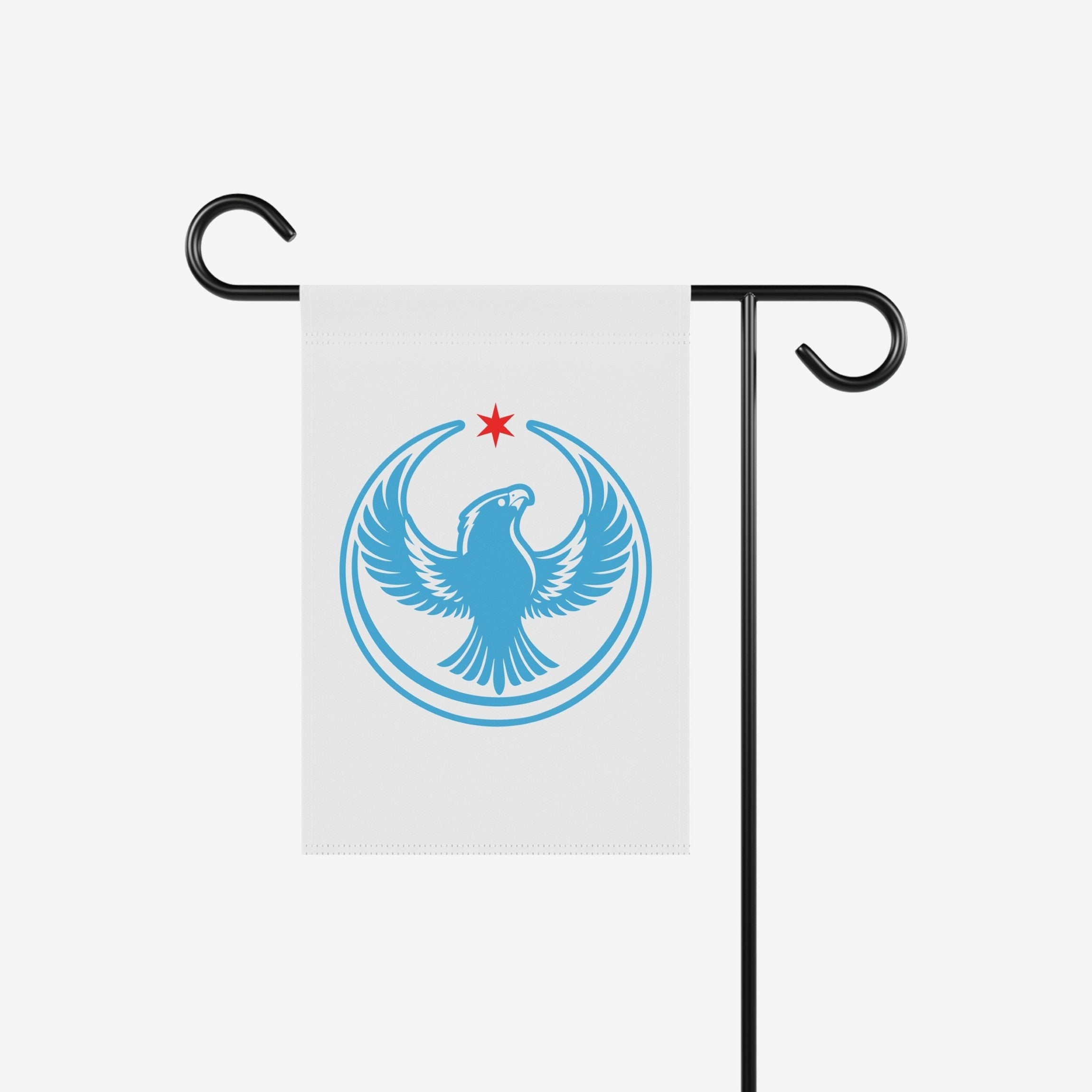 Chicago Rebel Alliance Garden Flag on a black metal stand, featuring a sky-blue peregrine falcon with outstretched wings under a red star, embodying anti-fascist protest and Chicago pride.