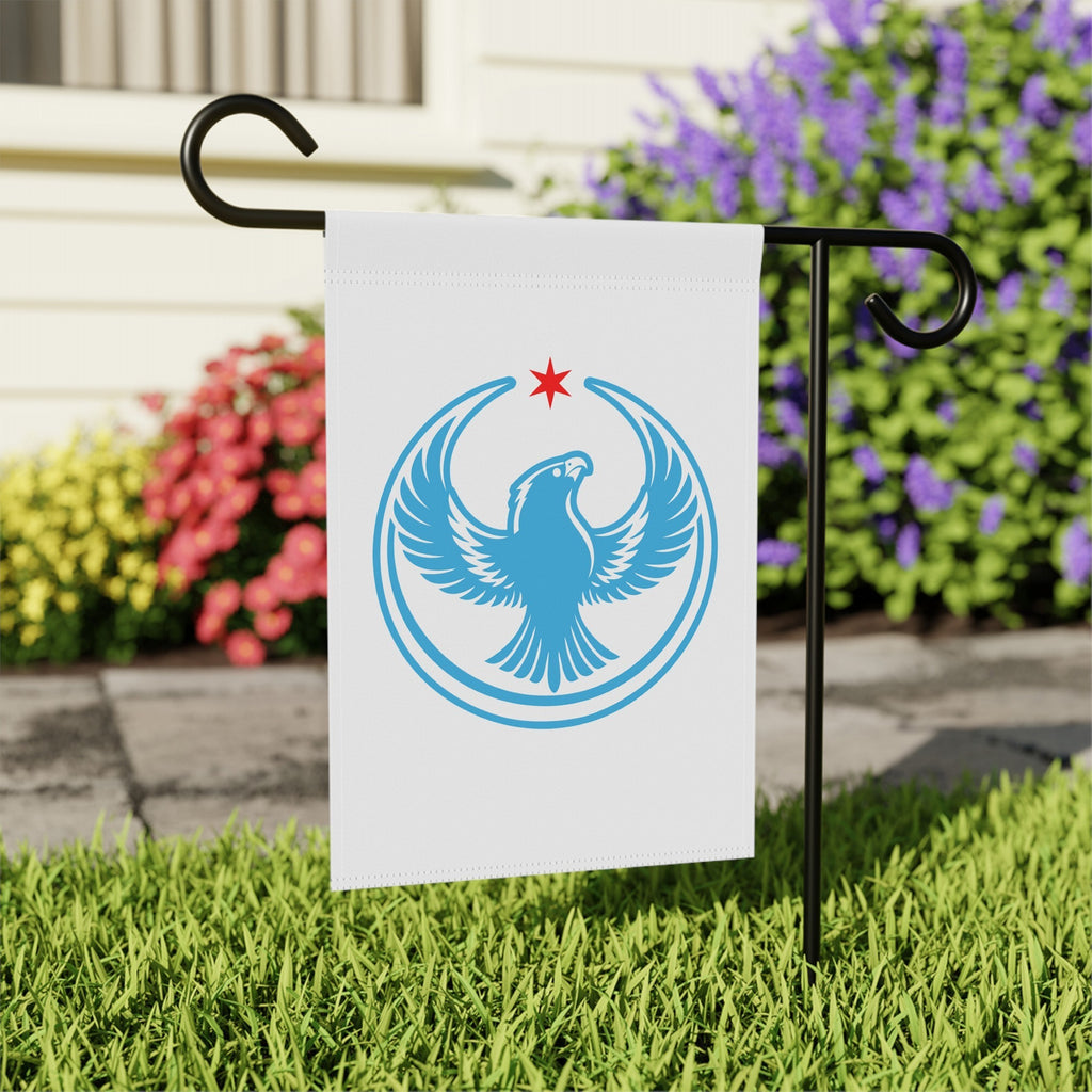 Chicago Rebel Alliance Garden Flag featuring a blue eagle emblem under a red star on a white background, mounted on a black metal stand, symbolizing anti-fascist and community solidarity.