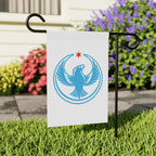 Chicago Rebel Alliance Garden Flag featuring a blue eagle emblem under a red star on a white background, mounted on a black metal stand, symbolizing anti-fascist and community solidarity.