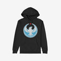 Chicago Rebel Alliance Hoodie features a bold circular emblem with a stylized white peregrine falcon and red star, embodying defiance and solidarity in a comfortable black pullover design.