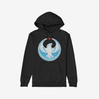 Chicago Rebel Alliance Hoodie features a bold circular emblem with a stylized white peregrine falcon and red star, embodying defiance and solidarity in a comfortable black pullover design.