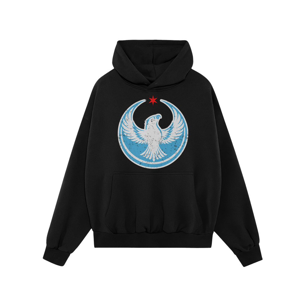Chicago Rebel Alliance Hoodie features a bold circular emblem with a stylized white peregrine falcon and red star, embodying 