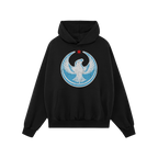 Chicago Rebel Alliance Hoodie features a bold circular emblem with a stylized white peregrine falcon and red star, embodying 