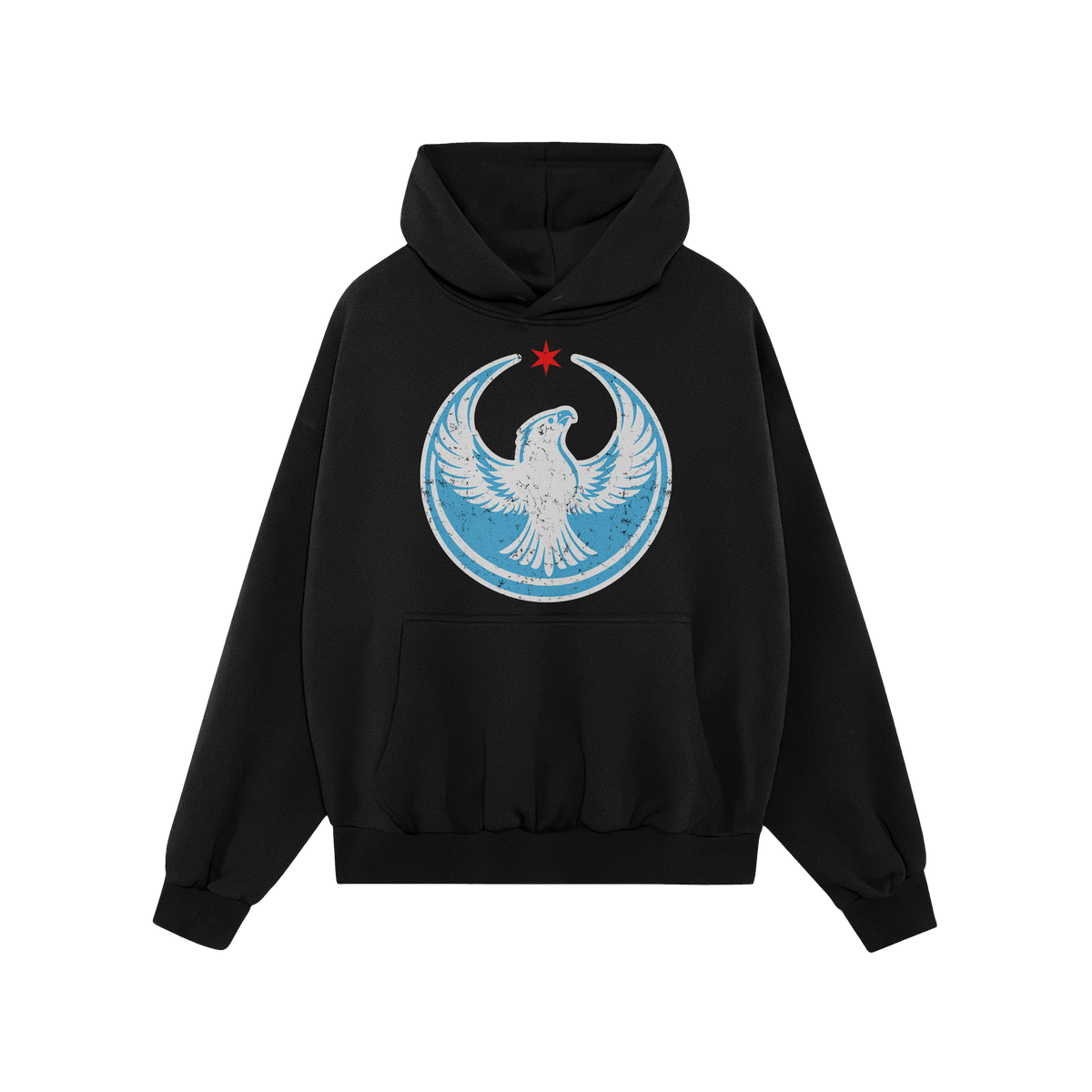 Chicago Rebel Alliance Hoodie features a bold circular emblem with a stylized white peregrine falcon and red star, embodying 