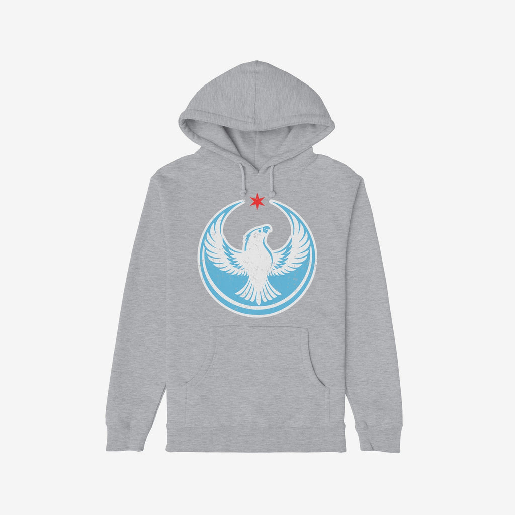 Light-gray Chicago Rebel Alliance Hoodie featuring a stylized white eagle with outstretched wings, a light-blue circular field, and a red star, symbolizing resistance and solidarity.