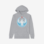 Light-gray Chicago Rebel Alliance Hoodie featuring a stylized white eagle with outstretched wings, a light-blue circular field, and a red star, symbolizing resistance and solidarity.
