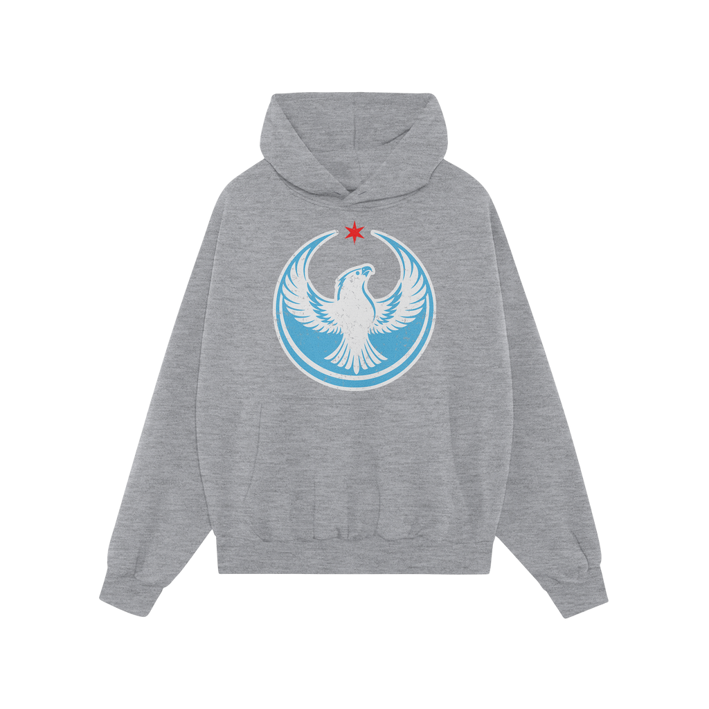 Light-gray Chicago Rebel Alliance Hoodie featuring a stylized white eagle with outstretched wings, a light-blue circular fiel