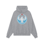 Light-gray Chicago Rebel Alliance Hoodie featuring a stylized white eagle with outstretched wings, a light-blue circular fiel