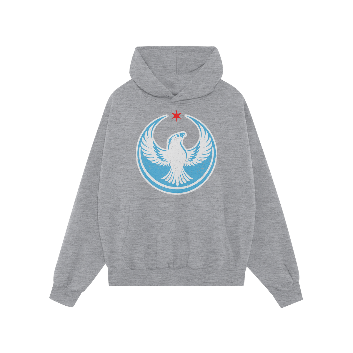 Light-gray Chicago Rebel Alliance Hoodie featuring a stylized white eagle with outstretched wings, a light-blue circular fiel