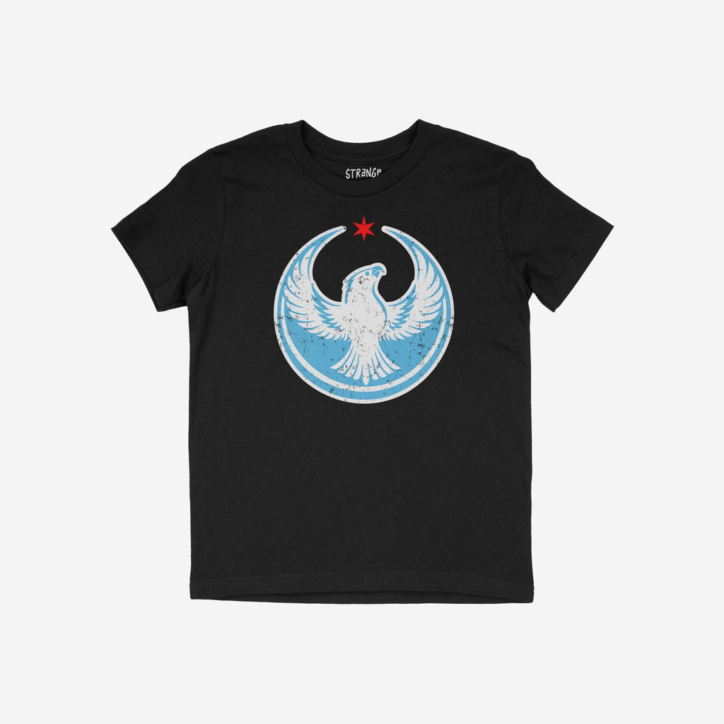 Chicago Rebel Alliance T-shirt showcases a stylized peregrine falcon in a crescent frame with a red star, symbolizing resistance and community activism, perfect for expressing progressive values and Chicago pride.