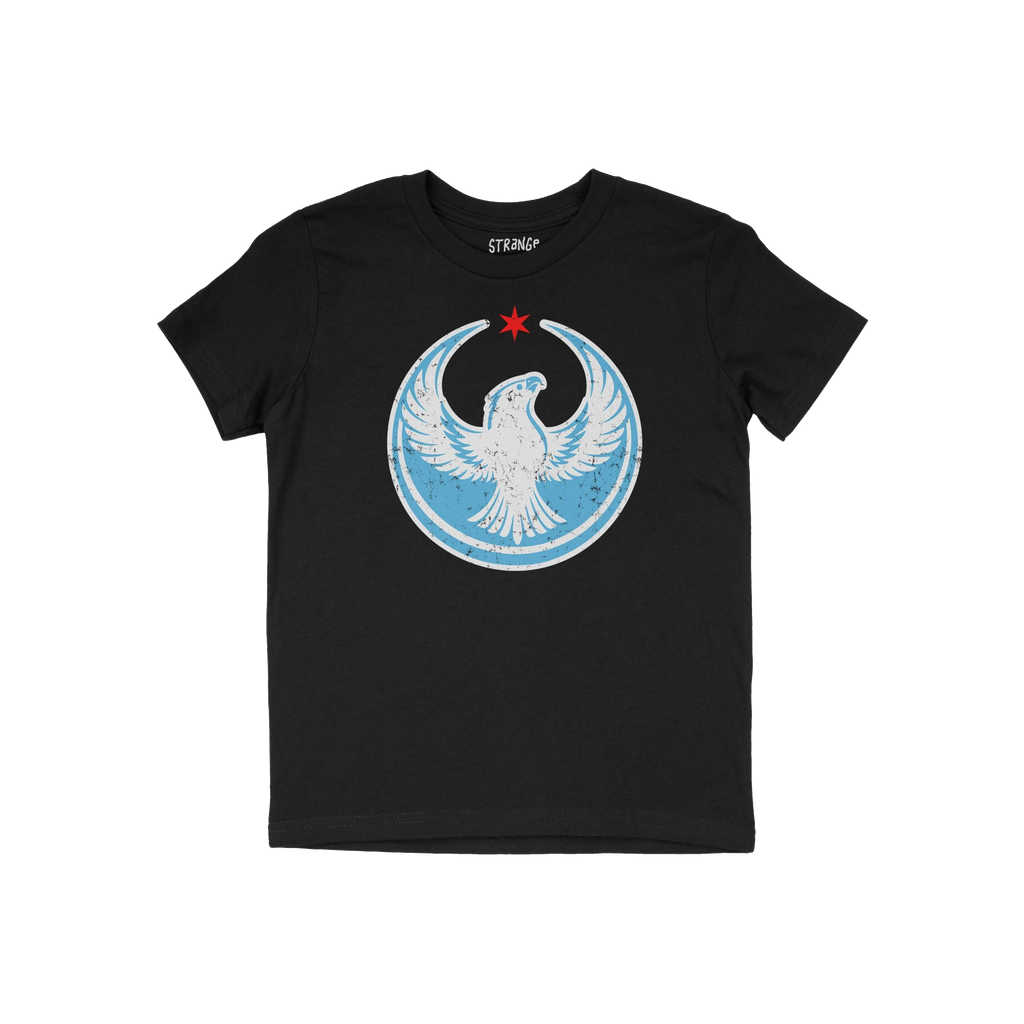 Chicago Rebel Alliance T-shirt showcases a stylized peregrine falcon in a crescent frame with a red star, symbolizing resista
