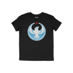 Chicago Rebel Alliance T-shirt showcases a stylized peregrine falcon in a crescent frame with a red star, symbolizing resista