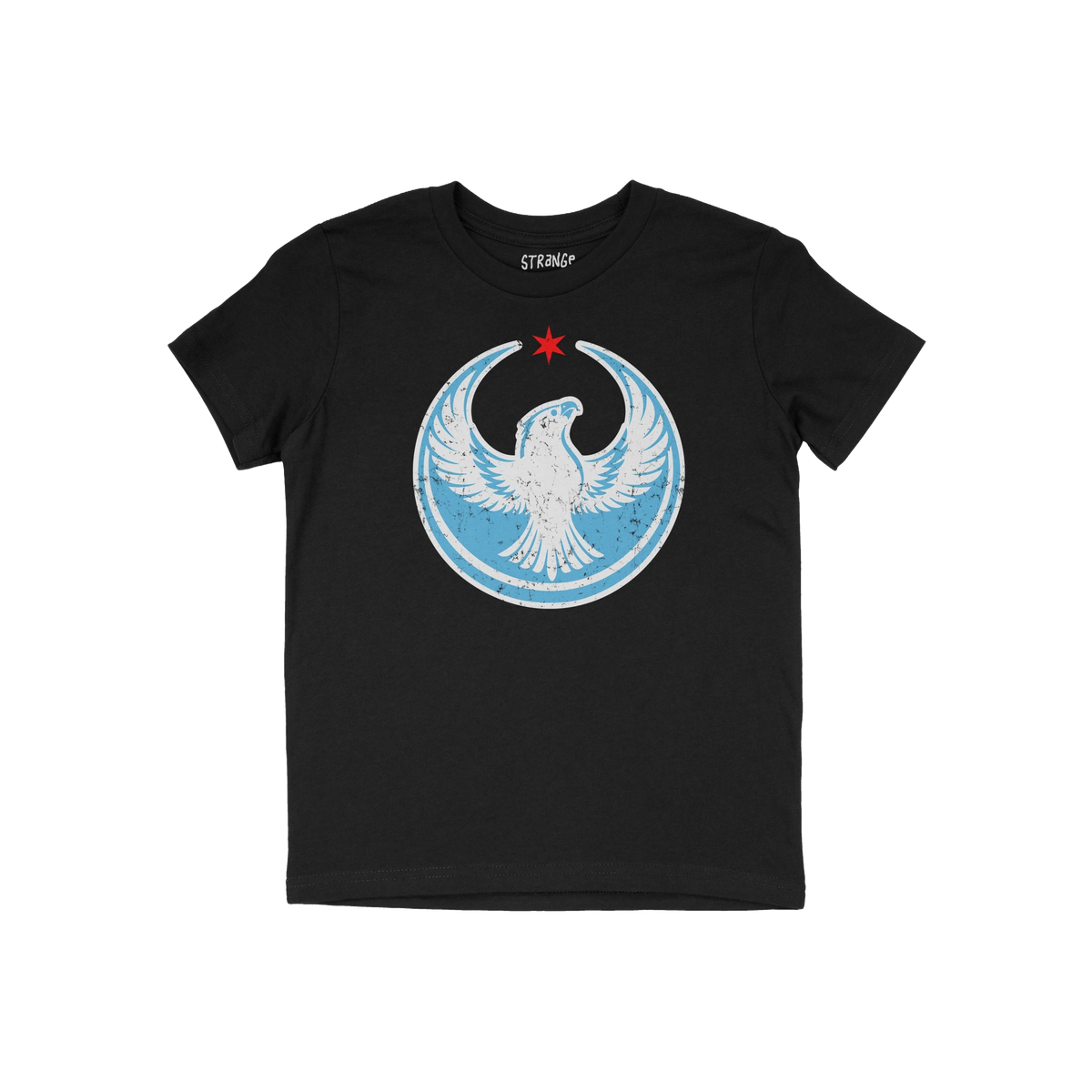 Chicago Rebel Alliance T-shirt showcases a stylized peregrine falcon in a crescent frame with a red star, symbolizing resista