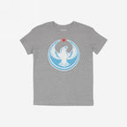 Chicago Rebel Alliance T-shirt features a stylized peregrine falcon with a red Chicago star on heather-gray fabric, symbolizing anti-fascism and community support. Perfect for marches or everyday city wear.