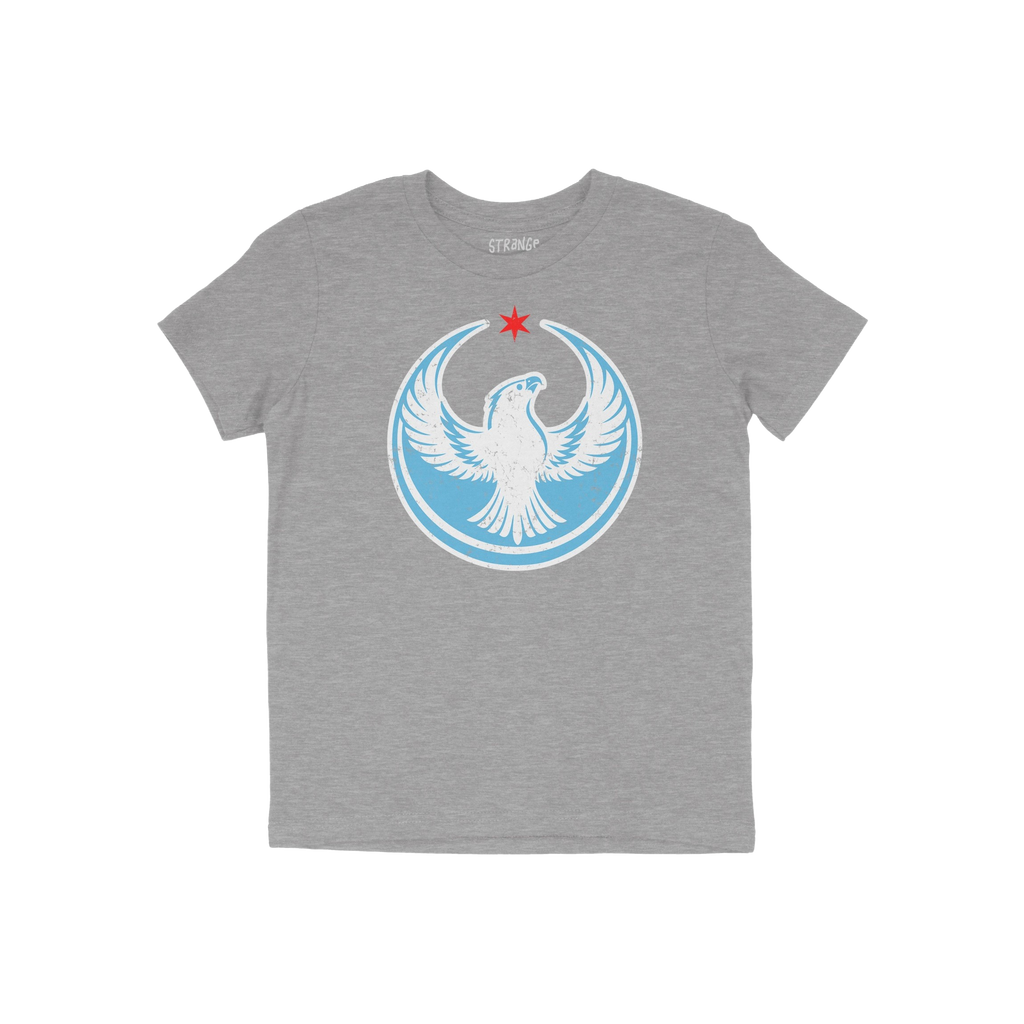 Chicago Rebel Alliance T-shirt features a stylized peregrine falcon with a red Chicago star on heather-gray fabric, symbolizi