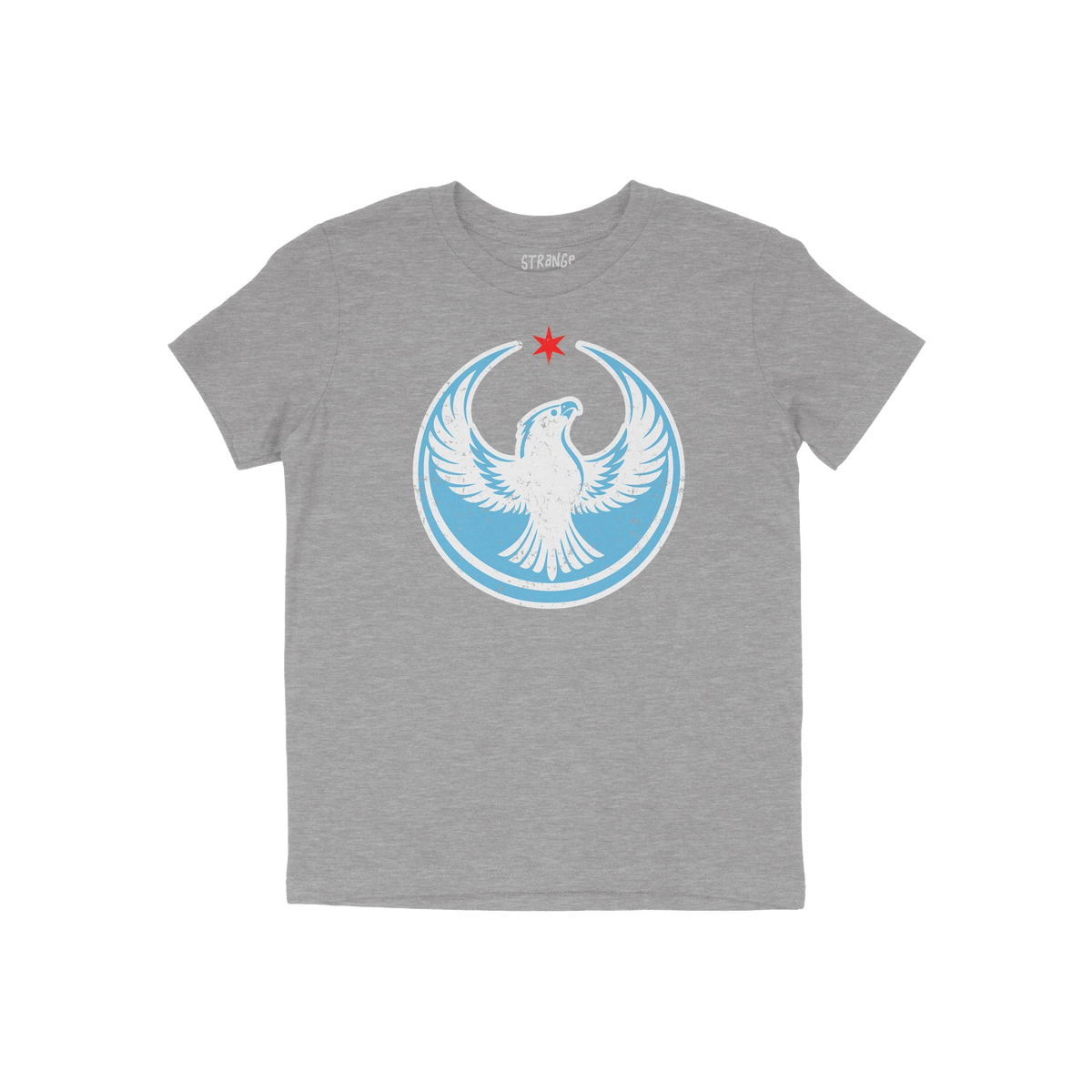 Chicago Rebel Alliance T-shirt features a stylized peregrine falcon with a red Chicago star on heather-gray fabric, symbolizi