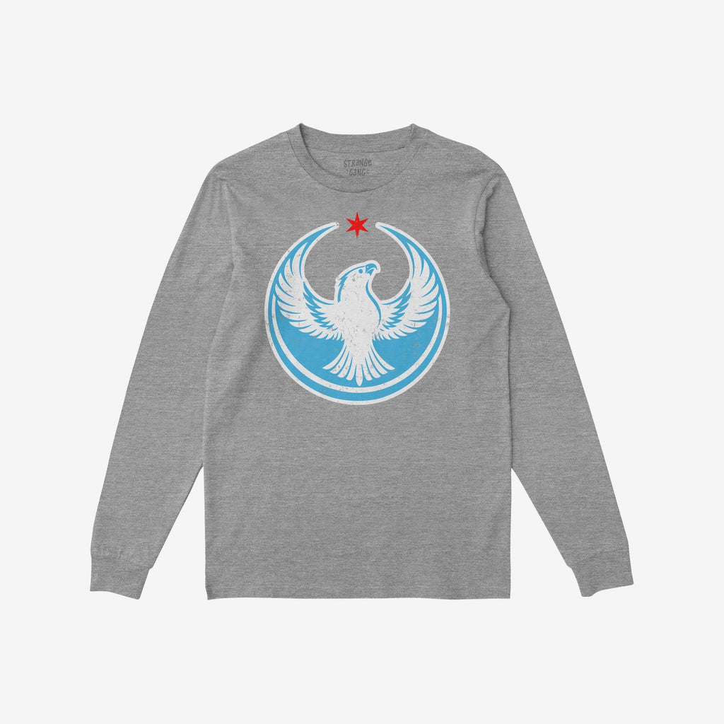 Chicago Rebel Alliance T-shirt features a heather-gray, long-sleeved design with a stylized white bird and red star emblem, embodying anti-fascist and immigrant rights support.